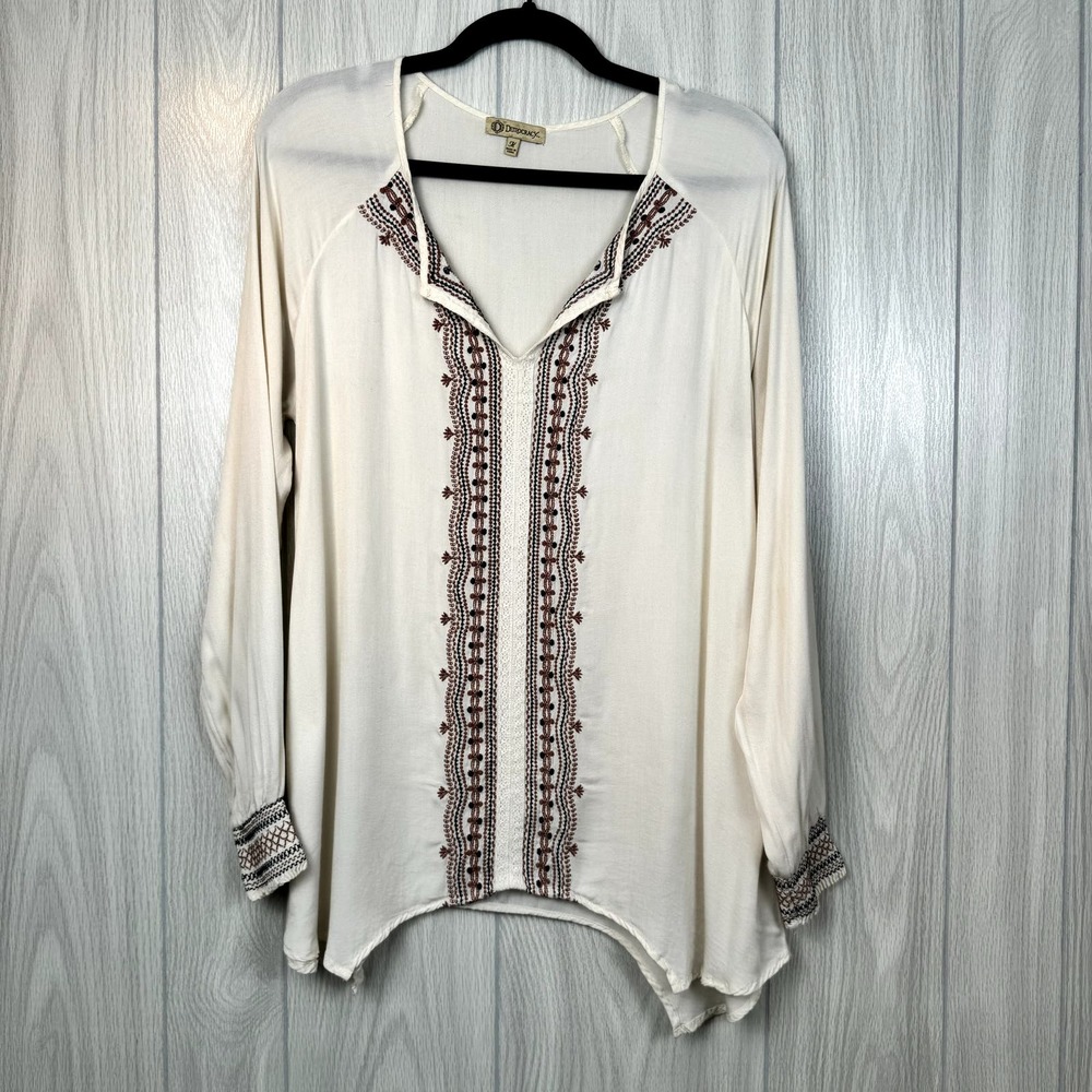 Democracy Women's Boho Embroidered Long Sleeve Asymmetrical Blouse Size M